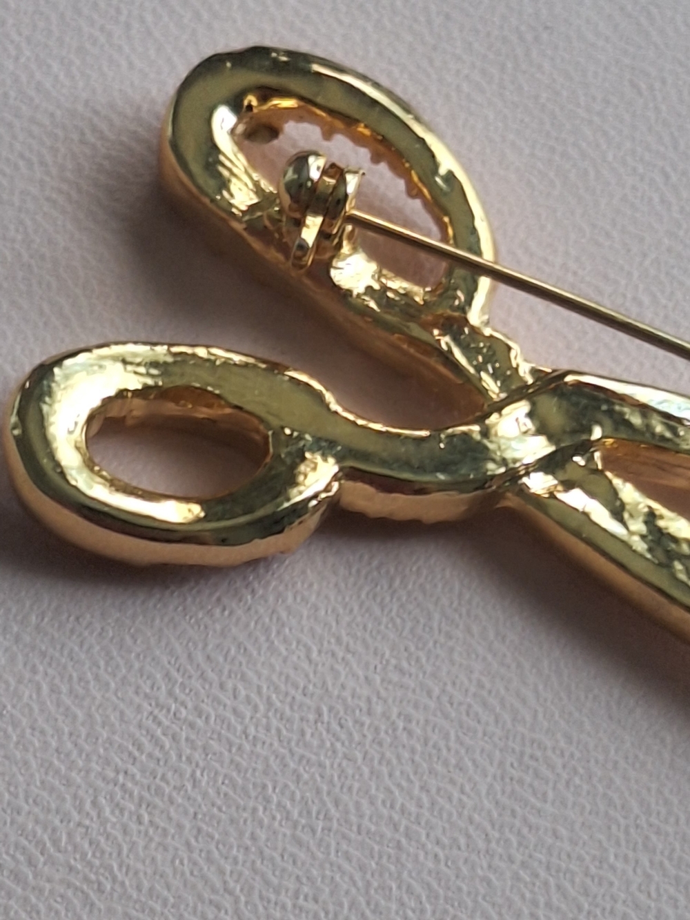 2" Vintage Gold Scissor Brooch with Clear Rhinestones Round Baguette - Picture 7 of 10